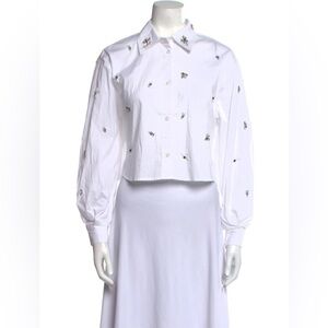 NWT Jason Wu White Button-Up Crop Shirt with Jewel Bead Details